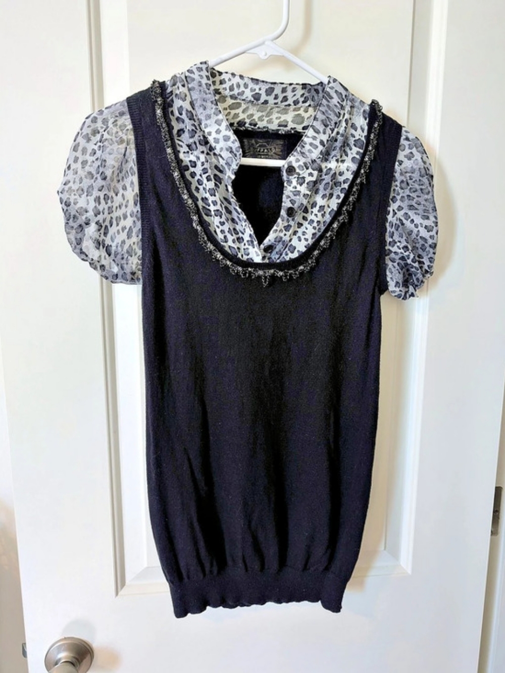 Buffalo David Bitton Animal Print Sweater Blouse in Black/Gray Size L Goth Y2K